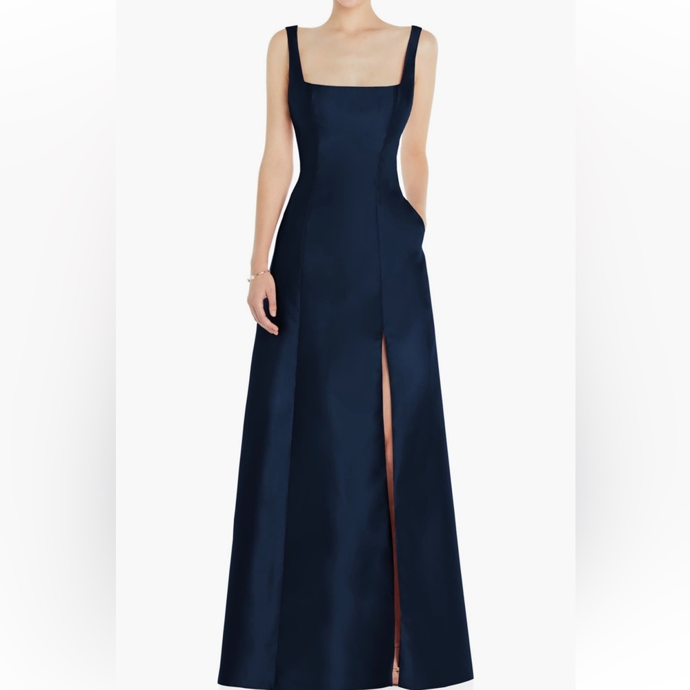 Alfred Sung Midnight Blue Square Neck Satin A-Line Gown